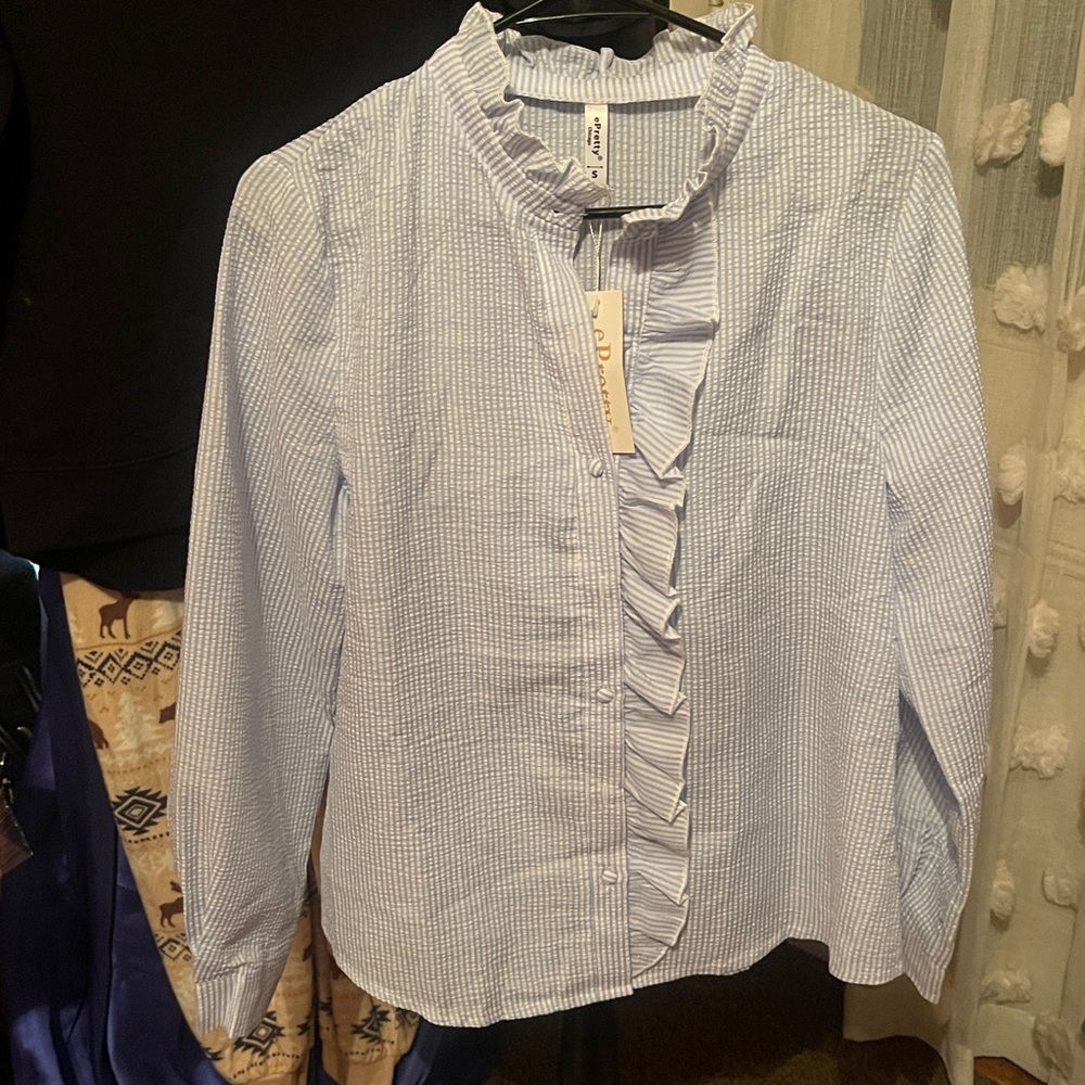 ePretty Light Blue Button Down Shirt with Ruffles - Picture 6 of 8